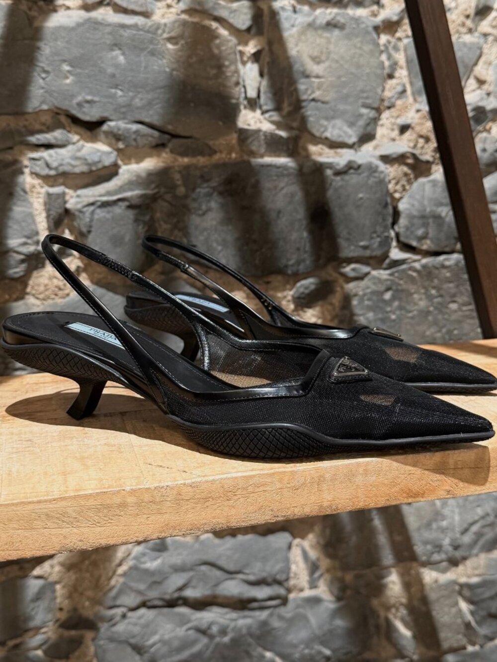 Prada Black Mesh Triangle Emblem Slingback Pumps